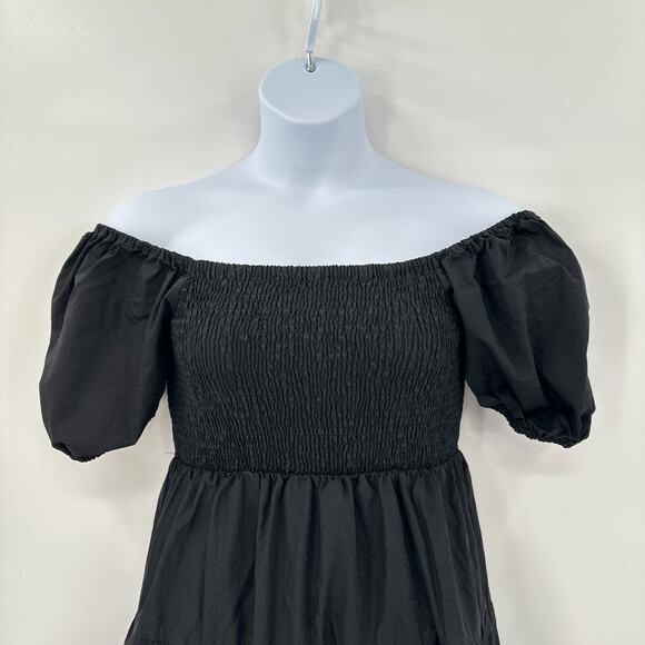 Cottagecore Black Puff Sleeve Midi Dress Medium Smocked‎ Bodice Tiered Romantic - Picture 3 of 9